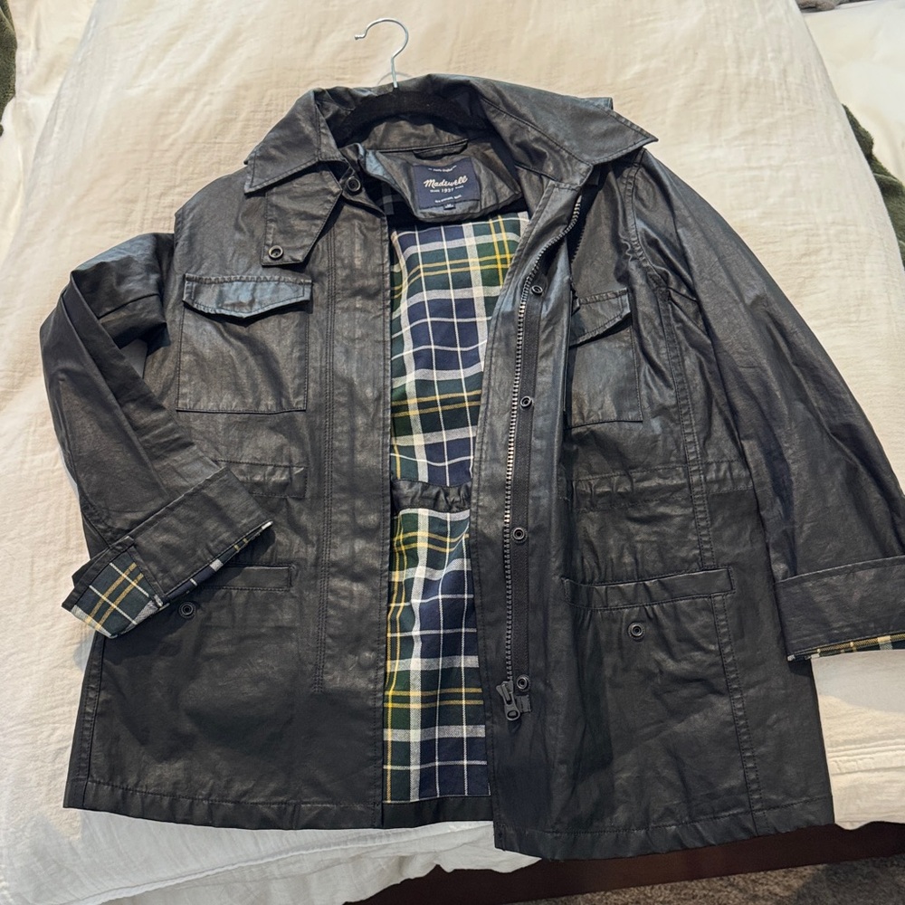 Madewell Black Waxed Rain Jacket with Plaid Lining